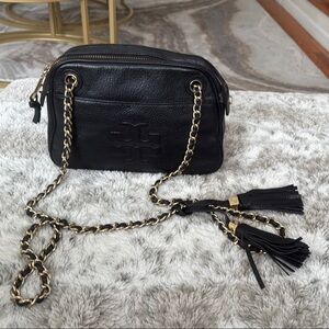 Tory Burch Black and Gold Crossbody Bag with Chain Detailing